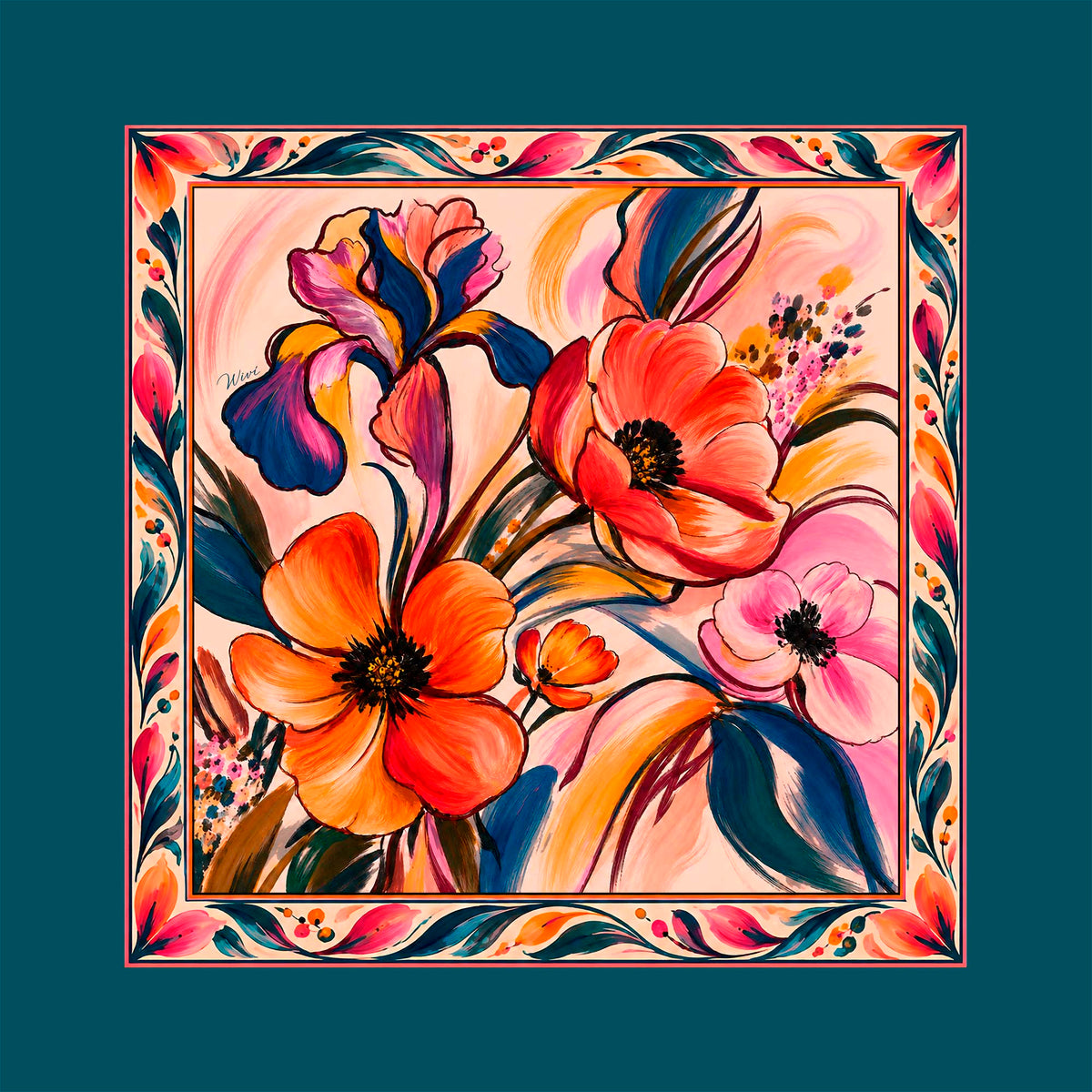 Foulard Fioritura· 100% Seta · 90×90 cm